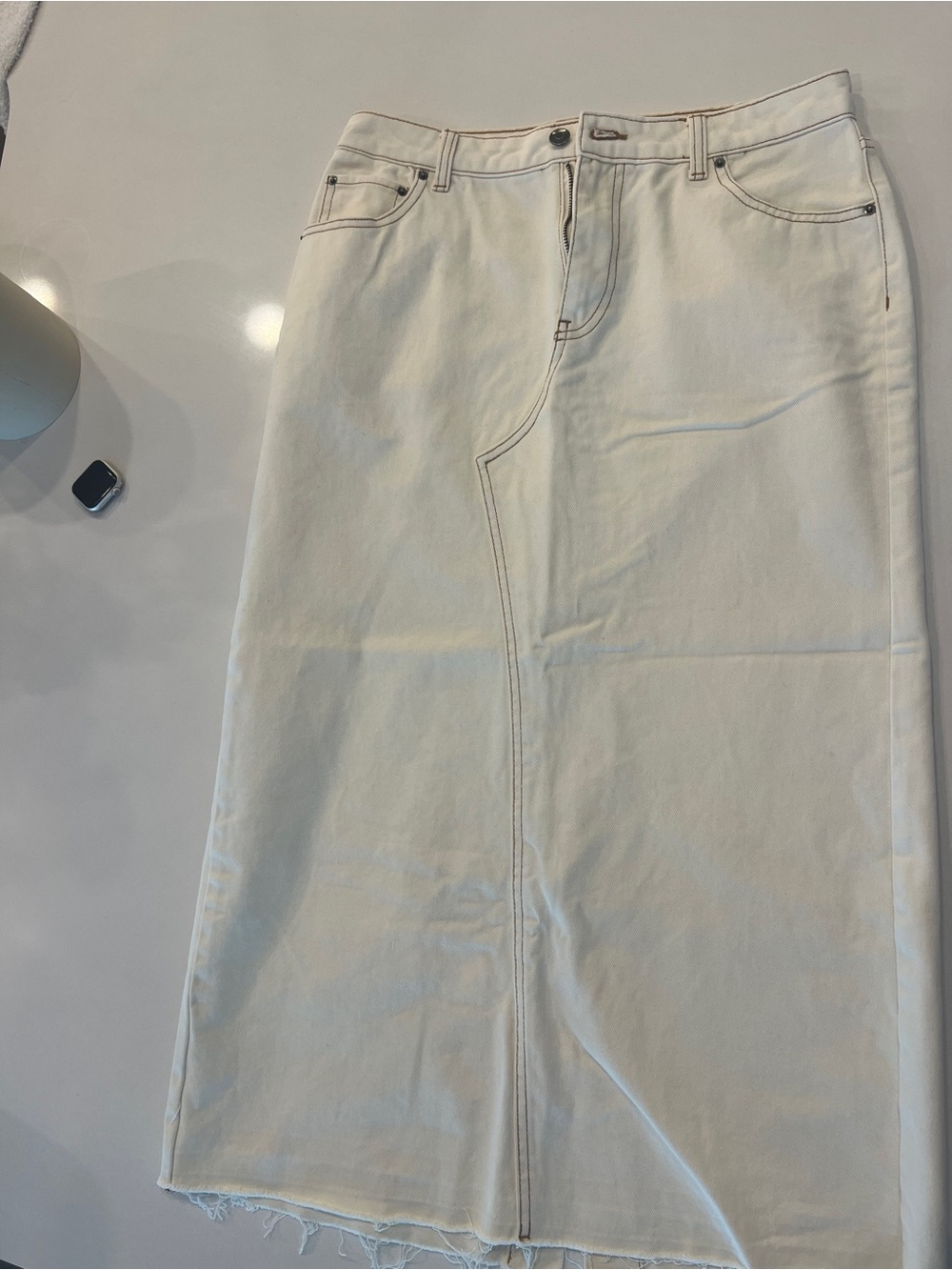 Cream White Denim Midi Skirt